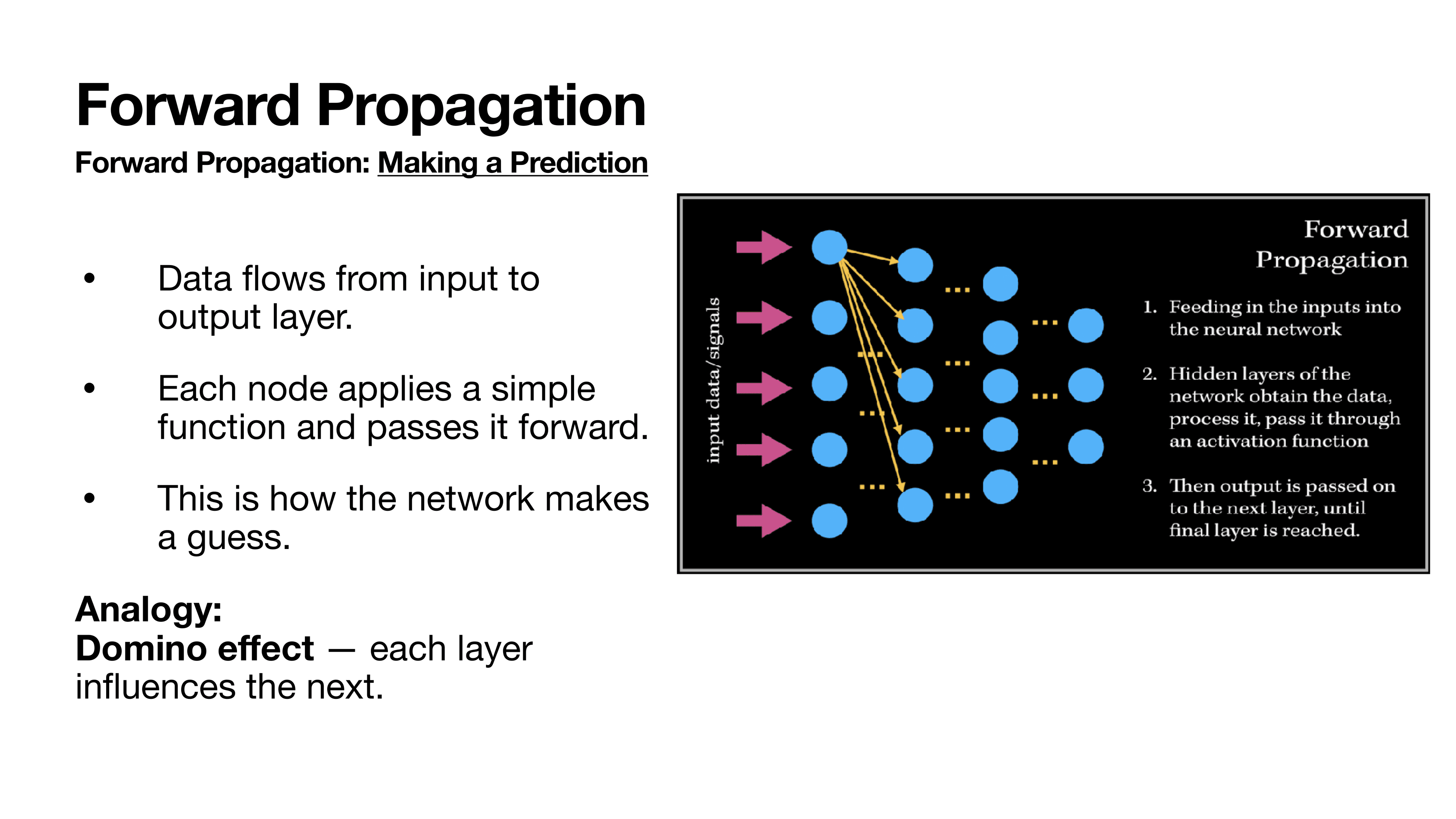 Forward propagation: data flows through the network layer by layer to produce a prediction